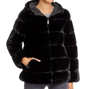 reversible faux fur coat with hood